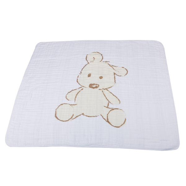 Teddy Bear and Grey Stripe Cotton Muslin Newcastle Blanket