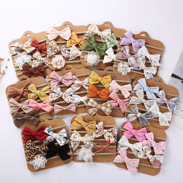 5pcs/set Baby Bow Headband Lace Flower Print Nylon Cotton Hair Bands