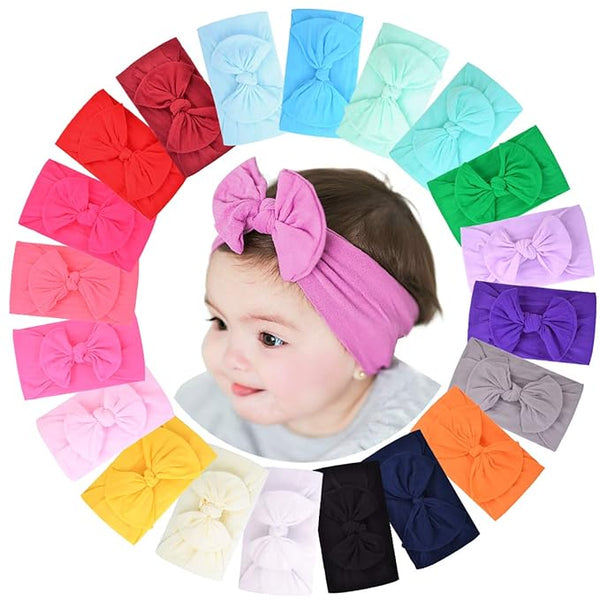 20pcs Baby Girls Nylon Headbands with Turban Hair Bows - Soft Elastic Hair Accessories for Infants and Toddlers