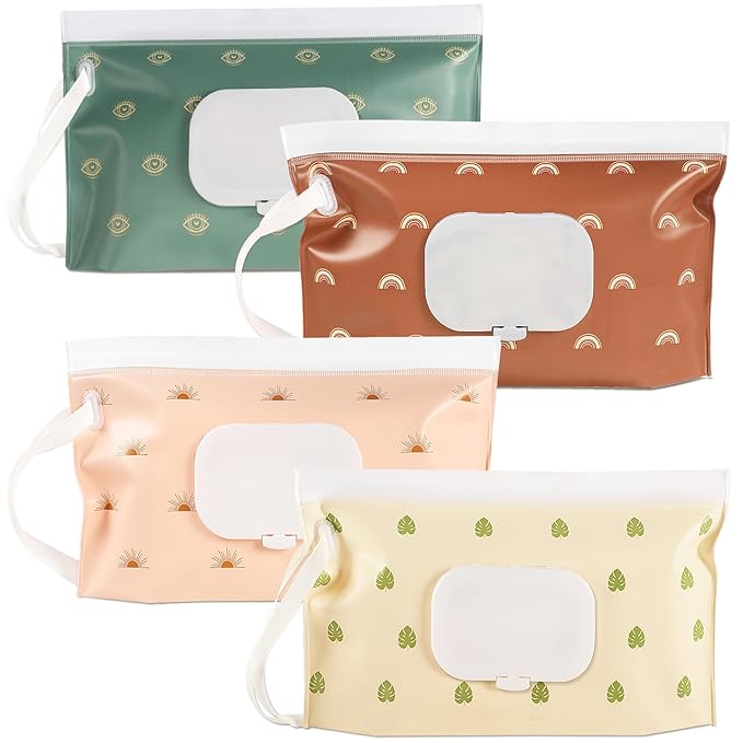 4-Pack Portable Baby Wipes Dispenser - Refillable, Reusable Travel Wipes Case with Press-to-Open Lid, Boho Design