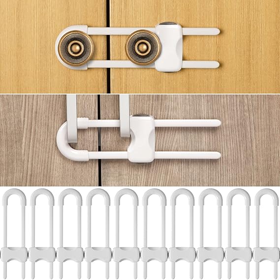 10-Pack U-Shaped Baby Cabinet Locks – Adjustable Childproof Latch for Knob Handle Safety (White)