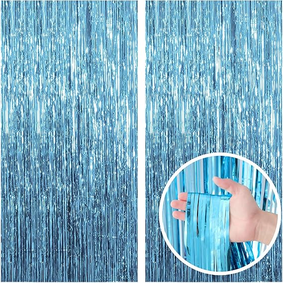 Blue Tinsel Foil Fringe Backdrop - 2-Pack Ocean Themed Party Streamers