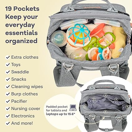 Multifunction Diaper Bag Backpack – Large Capacity, Waterproof, Gray