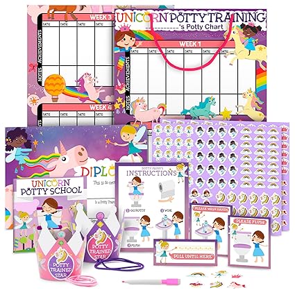 Unicorn Potty Training Chart for Girls - 4 Week Reward System with 213 Stickers, Certificate, Motivational Cards, and Bonus Crown