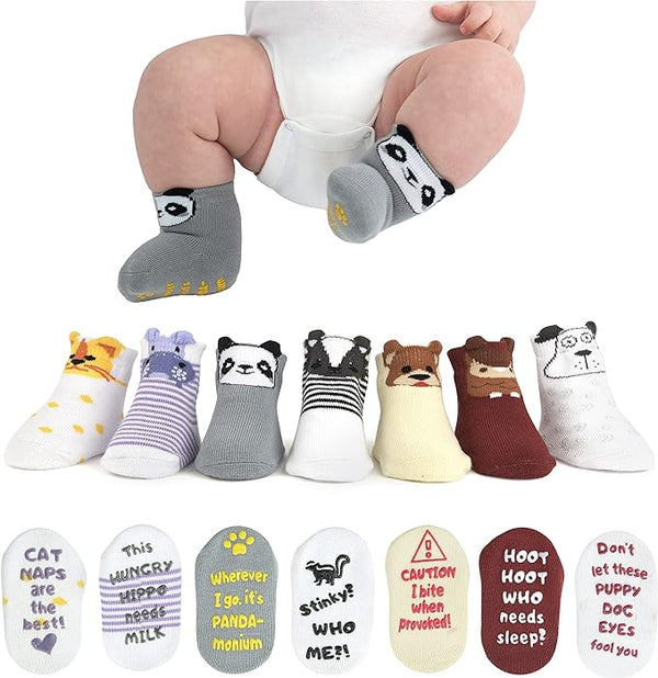 Baby Socks Gift Set - 7 Pairs, Cute & Funny Newborn Socks, Gender Neutral Baby Shower Gift