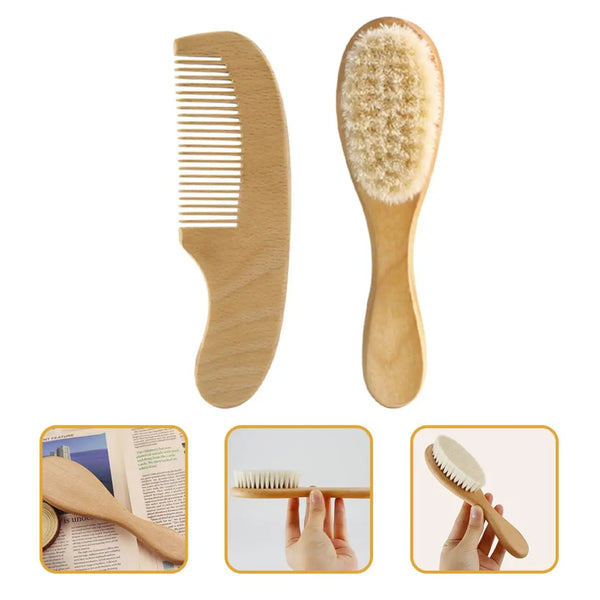 2pcs Baby Comb Set Baby Care Hair Brush Beech Soft Wool Wood Comb