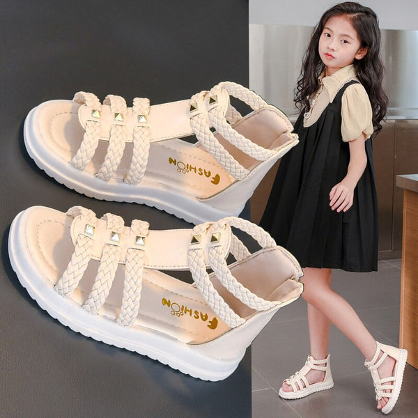 Girls Roman Sandals Open Toe Braided Solid Color High top Simple