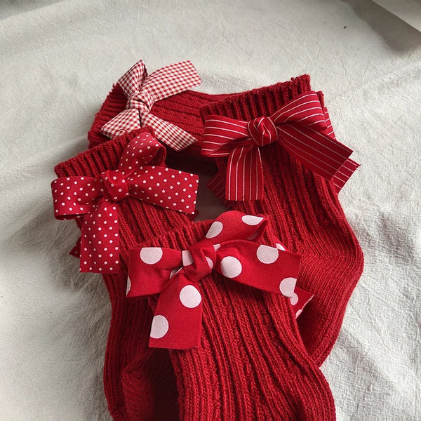 Baby Girls Knee High Socks Kids Cotton Red Big Bow Christmas Sock