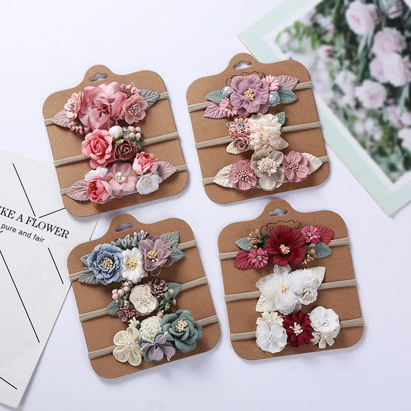 3Pcs/Lot Artificial Flower Baby Headband Newborn Boy Girl Pearl