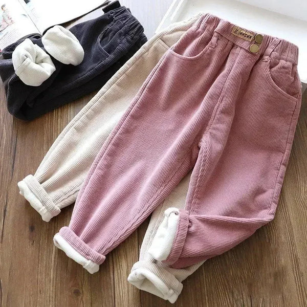 Kids Warm Pants Boy Girls Autumn Winter Corduroy Thick Outer Wear