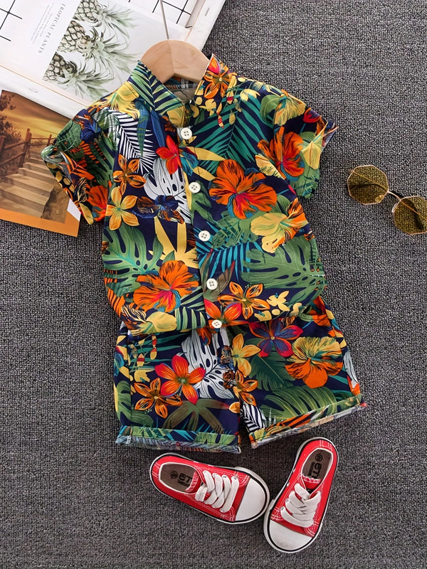 Children's Summer Full Print Leaf Flower Standing Neck Shirt Short