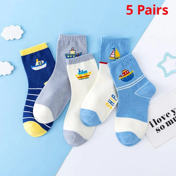 5 Pairs Of New Autumn And Winter Childrens Socks Striped Sailboat Boys