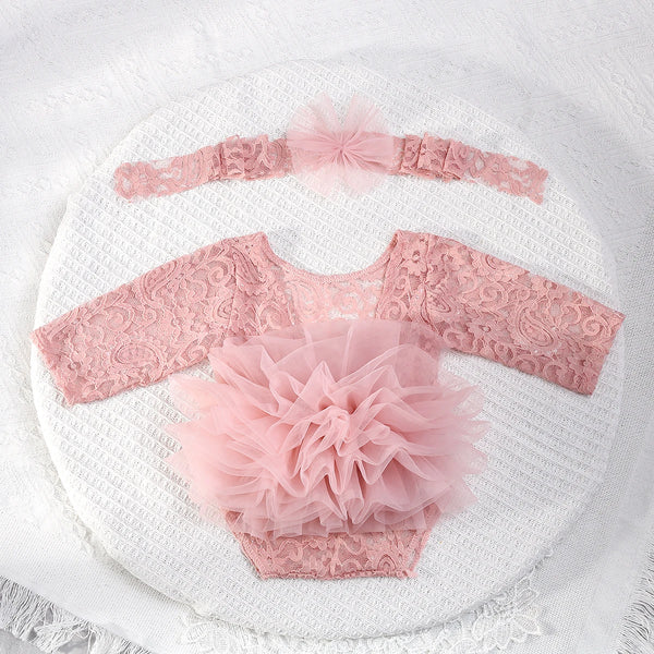 Ylsteed 2 Pieces Set Dusty Pink Newborn Lace Romper for Photo Shooting