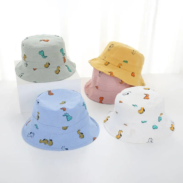 Cute Dinosaur Print Baby Bucket Hat Cartoon Solid Color Fisherman Cap