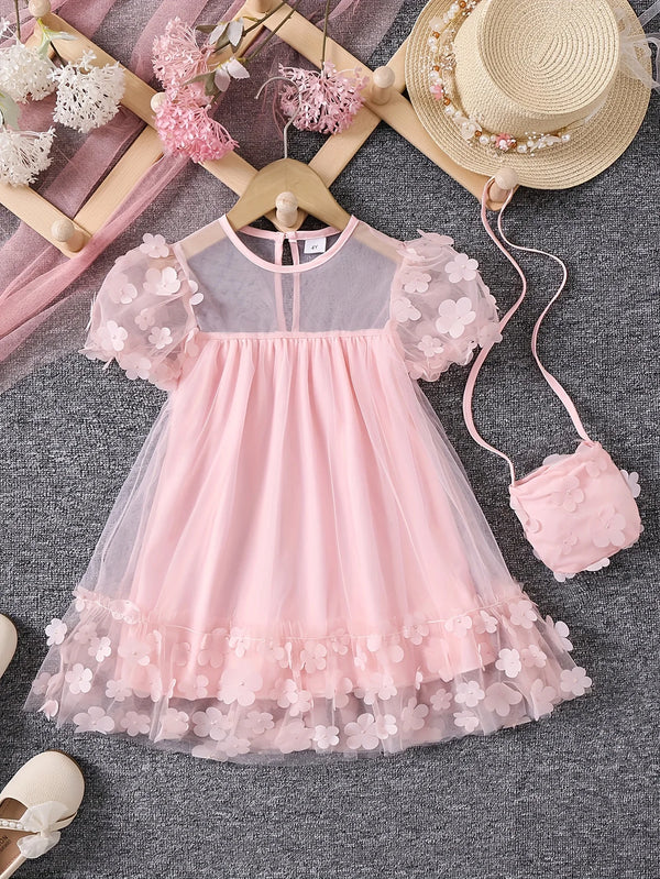 Girls Summer Mesh Splicing Three-dimensional Flower Fashion Princess