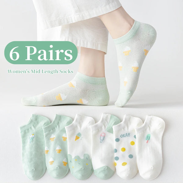 6 Pairs of Women Is Summer Thin Short Socks Sweet Cute Breathable Mesh