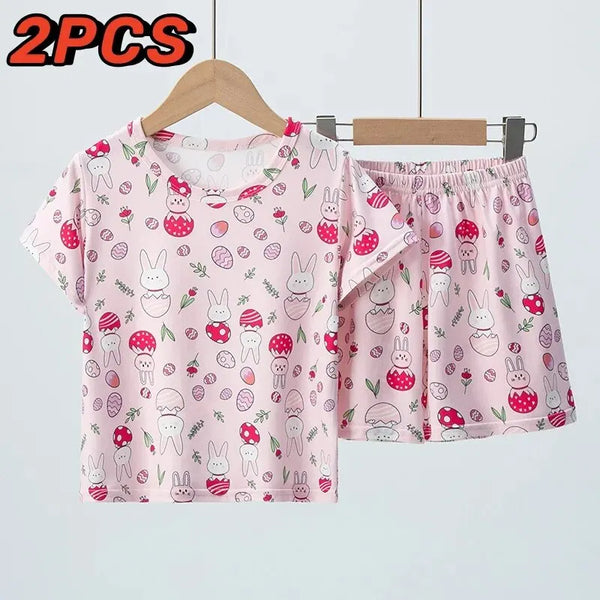 Summer CHILDREN'S Shorts and Short Sleeves 2-piece Pink Rabbit Girl