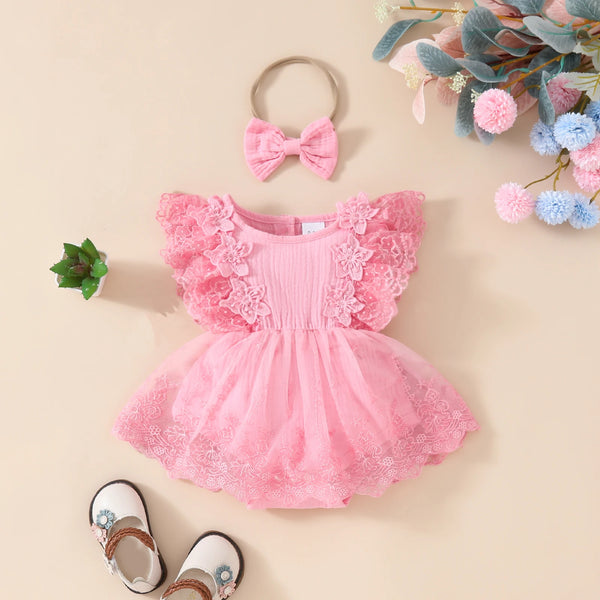 Baby's Lace Flower Embroidered Mesh Dress, Solid Color Lovely