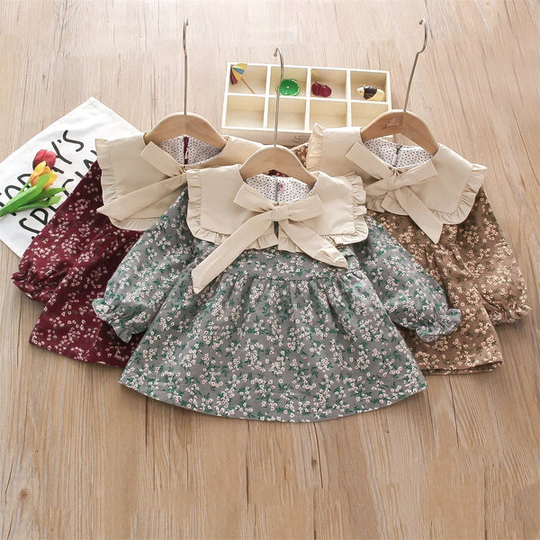 Fall Winter New Girls' Dress Lapel Floral Full Camp Bow Ribbon Lace