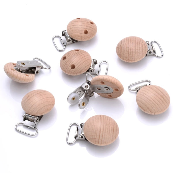 10Pcs Natural Beech Wooden Pacifier Chain Dummy Holder Clips 30mm