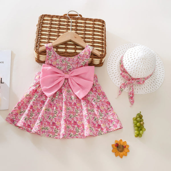 Summer 2-Piece Baby Dress+Sun Hat Bow Strap Floral Baby Girl Dress