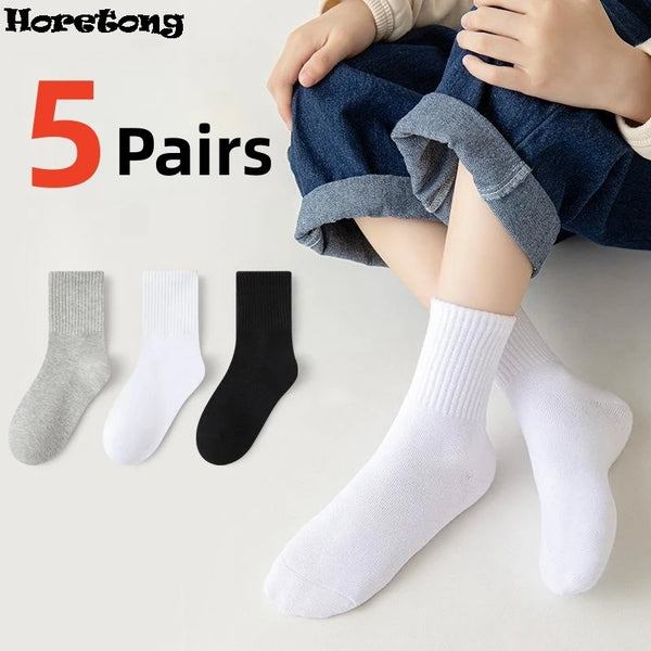 Horetong 5 Pairs Pure Cotton Soft Student Socks Breathable Absorbing