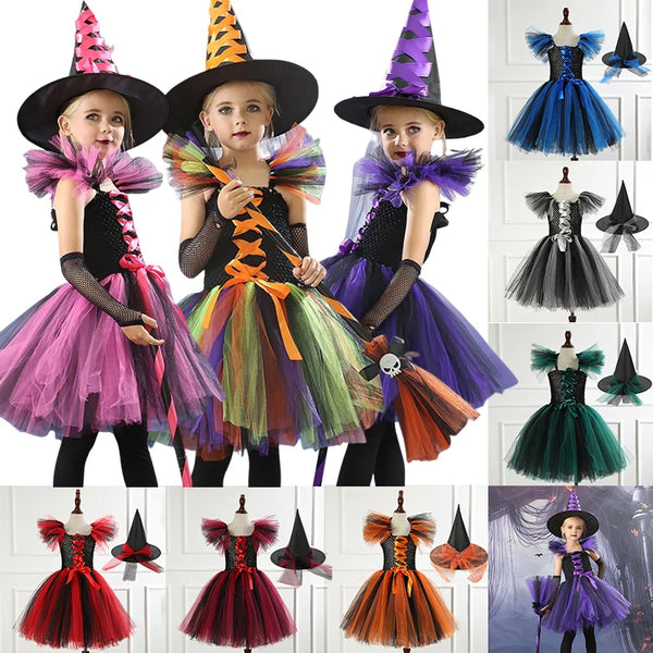 New Halloween Costume for Kids Girls Witch Cosplay Tutu Knee Dress