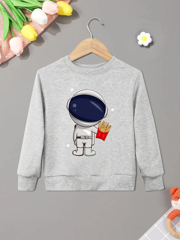 Cartoon Spaceman And Fries Print Children Creative Sweatshirt Casual