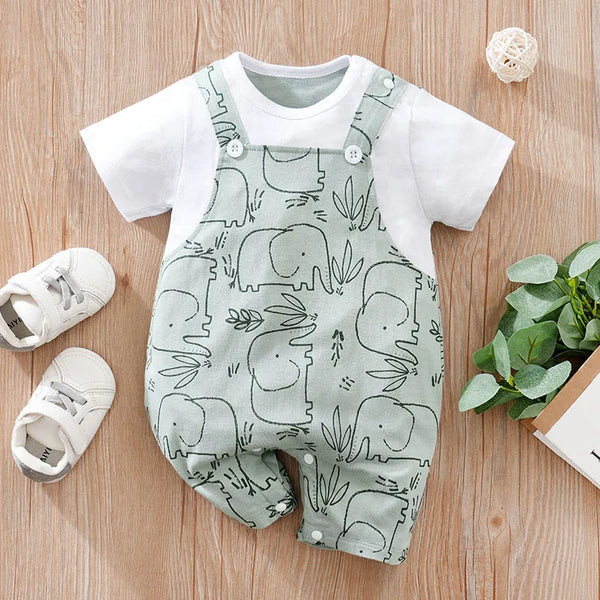 Summer Newborn Boys And Girls Cute Cartoon Strap Elephant Print Cotton