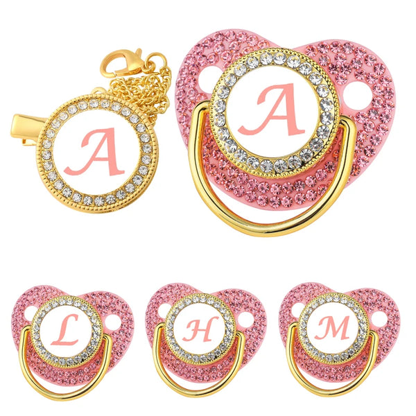 Luxury Zircon Baby Pacifier Clip Pink Letter Newborn Personalized