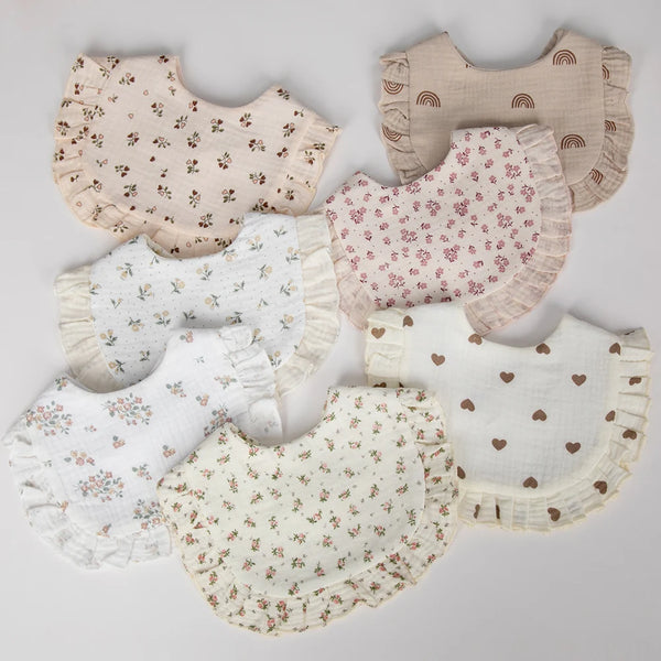 Flower Print Baby Bibs Adjustable Snap Saliva Towel Ruffled Edge