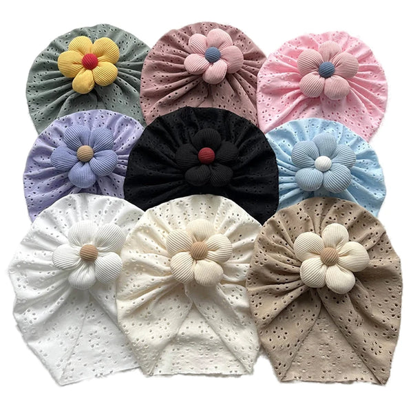 Lovely Flower Baby Hat Elastic Newborn Indian Cap Hollow Breathable