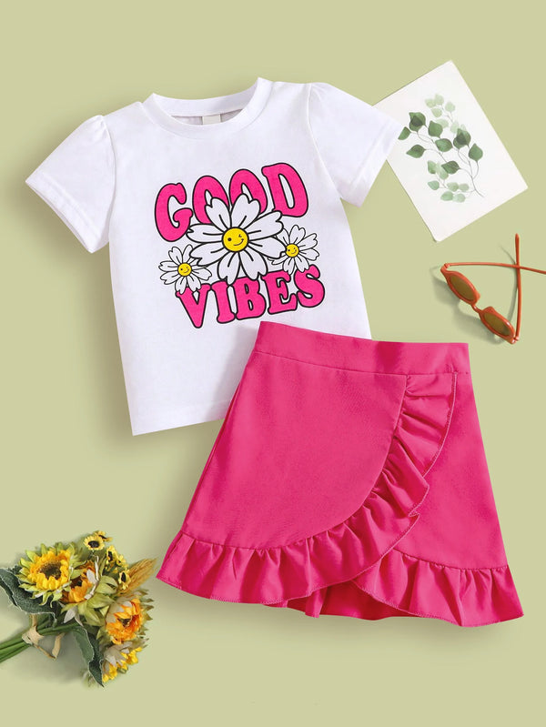 Girls Skirt Set Summer New Baby Girl Cute Letter Mesh Neck T-Shirt &