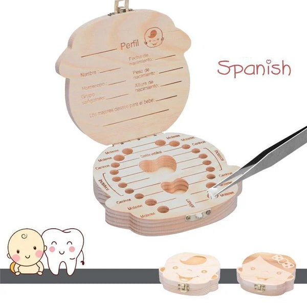 1pc-Baby Tooth Box Spanish Wooden Kids Milk Teeth Organizer Storage