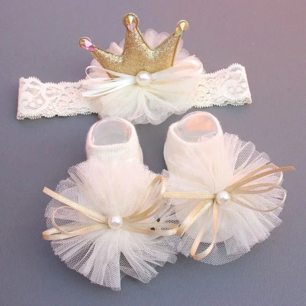 2 Pcs/Set Crown Baby Headband Socks Lace Bows Newborn Infant Girl