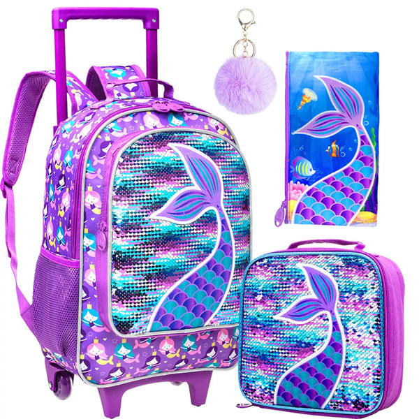 3PCS Rolling Backpack for Girls Kids Roller Wheels Bookbag with Lunch