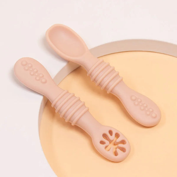 2 Pcs Baby Silicone Spoon Learning Spoon Set Solid Color Soft Silicone