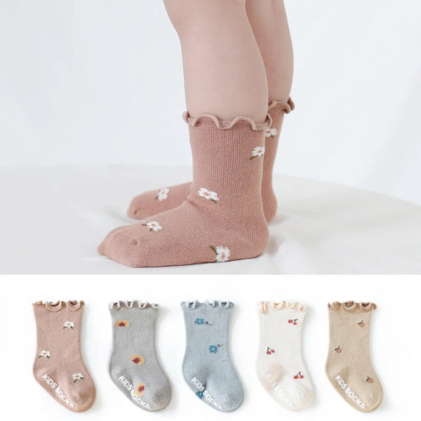 3 Pairs Anti-Slip Floral Print Kids Infant First Walking Baby Socks