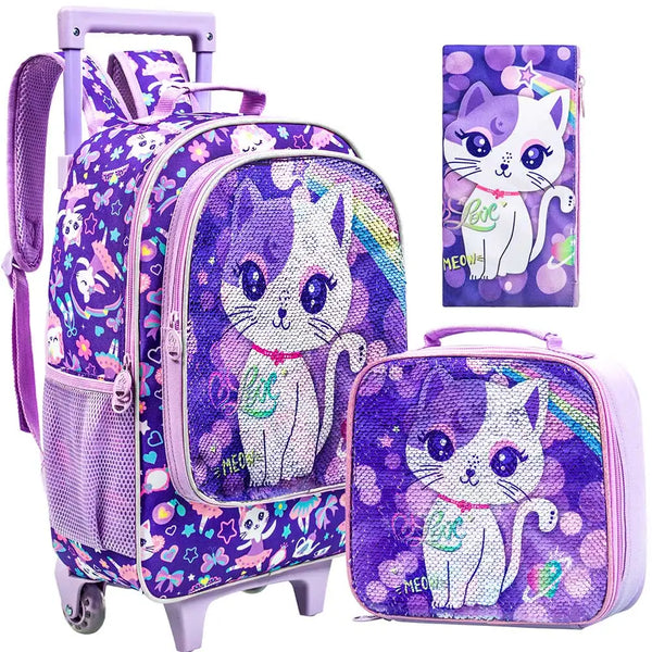 3PCS Rolling Backpack for Girls Kids Roller Wheels Bookbag with Lunch