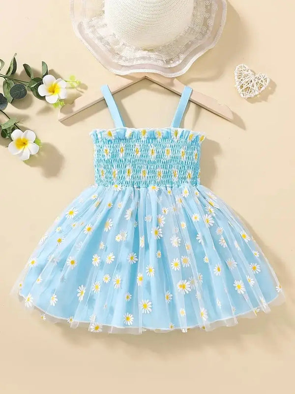 Infant & Toddler's Cartoon Daisy Pattern Shirred Dress, Casual Mesh