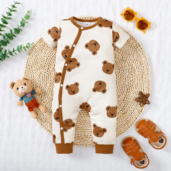 Summer Newborn Infant Baby Boys Romper Bear Print Short Sleeve Button