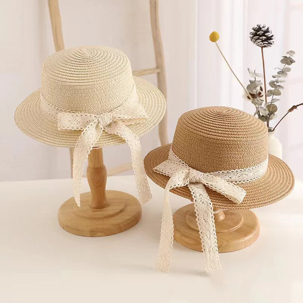 Cute Bow Streamer Girls Straw Hat Spring Summer Breathable Sunshade