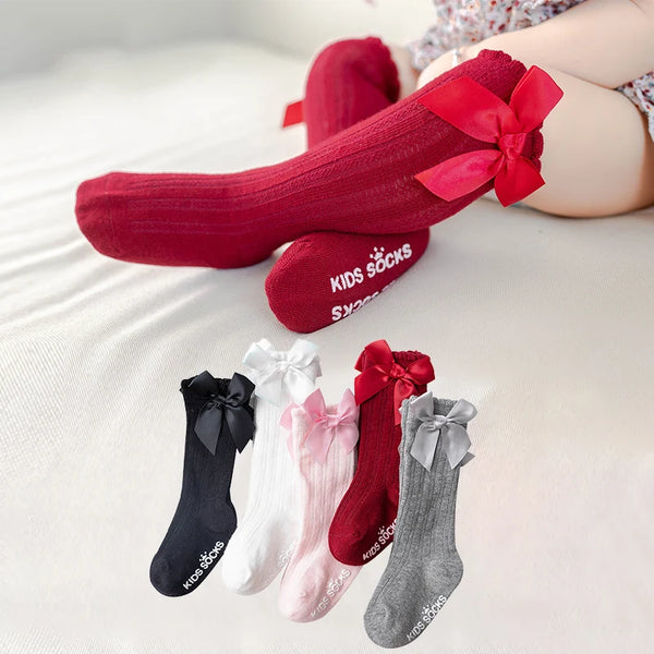 Girls Big Bow Knee High Long Soft New Kids Socks Toddlers Cotton Lace