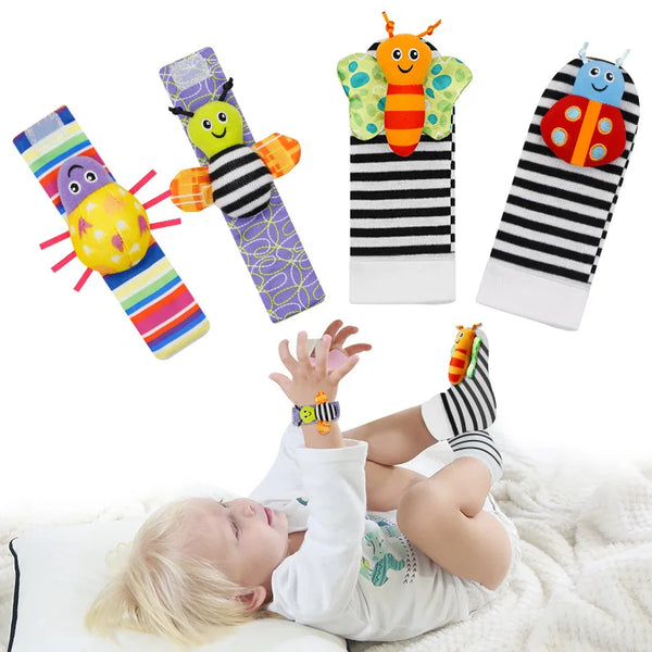 4Pcs Baby Toy 0-12 Months Baby Rattles Toys Animal Socks Wrist Strap