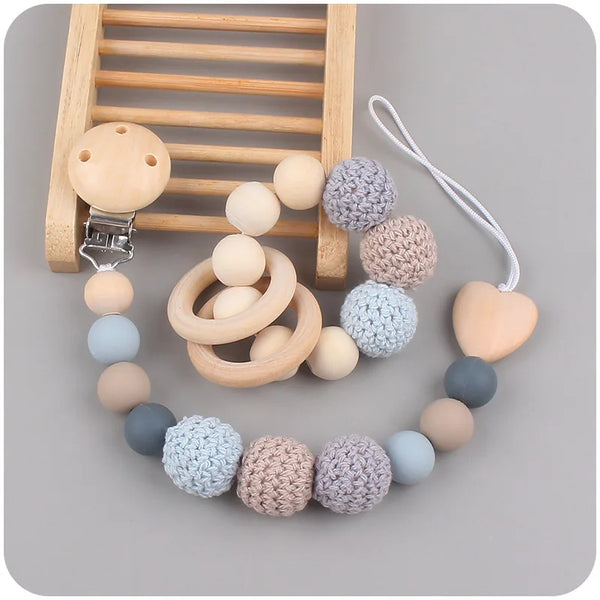 Baby Pacifier Clip Wooden Teethers Bracelet Set Silicone Beads Babies