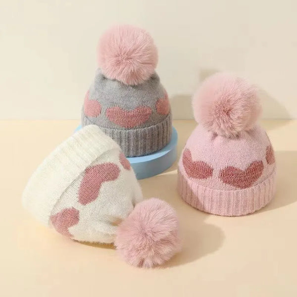 Fur Pompom Baby Hat Heart Printed Knitting Autumn Winter Newborn