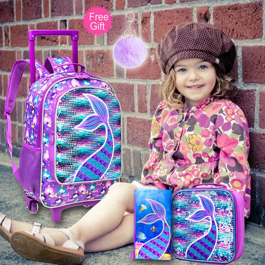 3PCS Rolling Backpack for Girls Kids Roller Wheels Bookbag with Lunch