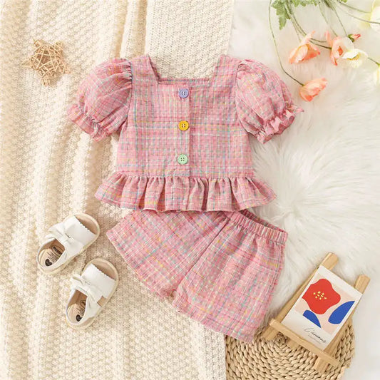 (0-3 Years Old) Summer Baby Girl Cotton Color Plaid Bubble Sleeve Top