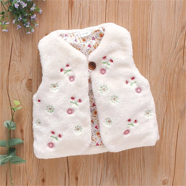 Autumn And Winter Girls' Fur Vest Sweet Flower Embroidery Sleeveless