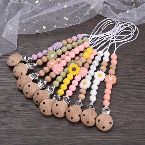 Baby Beech Wood Pacifier Silicone Flower Beaded Nipple Clips For